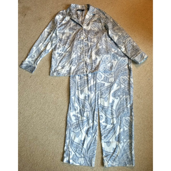 Womens Pajama Set-LAUREN RALPH LAUREN-blue/white paisley cotton woven-M - Picture 1 of 9